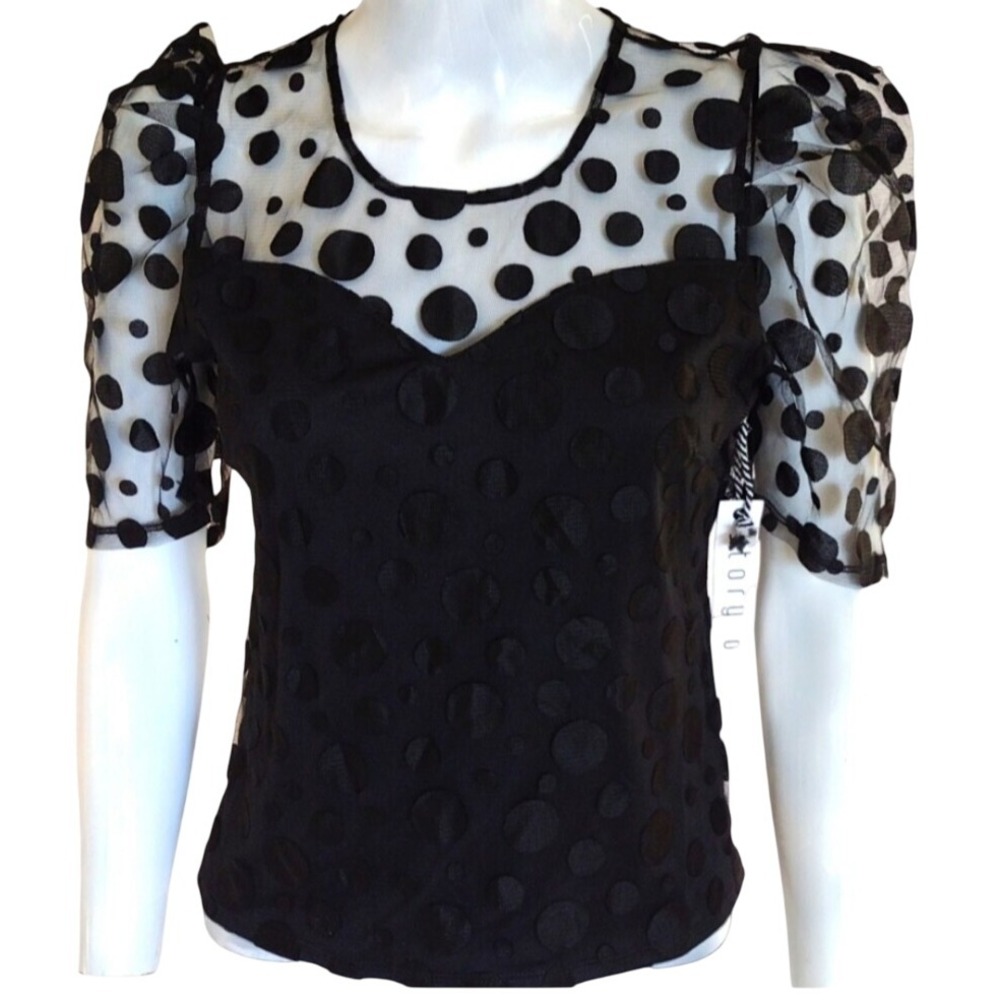 Story On Blouse Woman's S Black Poof Short Sleeves‎ Mesh Polka Dots Crop
